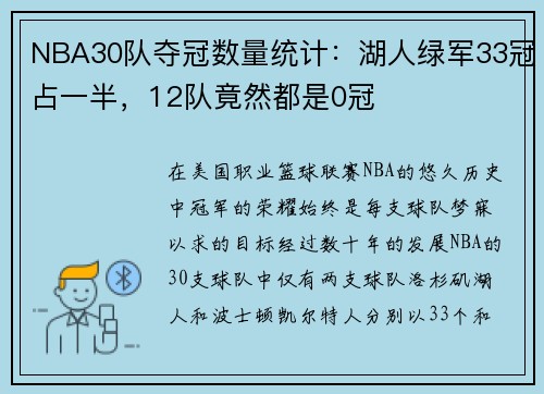 NBA30队夺冠数量统计：湖人绿军33冠占一半，12队竟然都是0冠