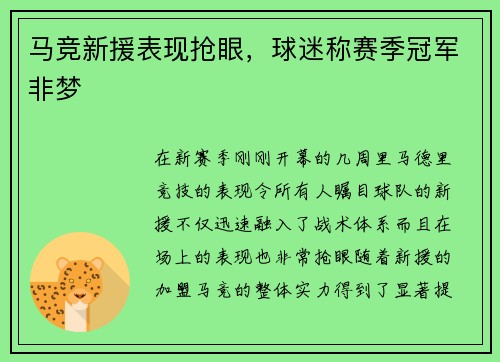 马竞新援表现抢眼，球迷称赛季冠军非梦
