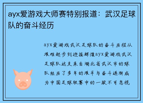 ayx爱游戏大师赛特别报道：武汉足球队的奋斗经历